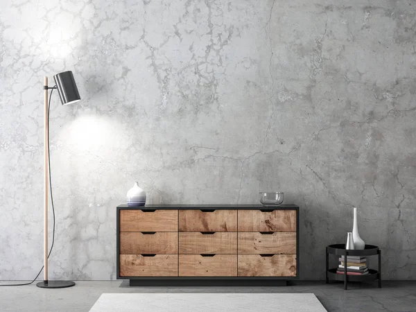 Modern ahşap büro boş oturma odasında beton duvar ve zemin lambası, 3D döşeme