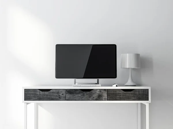 Modern Computer Display Monitor Képernyő Mockup Fehér Asztalon Renderelés — Stock Fotó