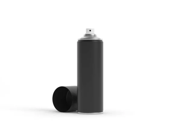 ブラックペイントスプレー缶ボトルモックアップ白の背景に隔離されたオープンキャップ 3Dレンダリング — ストック写真