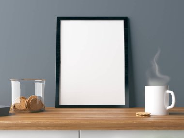 Poster, kahve ve kurabiye, tablo fincan kadar sahte iç işleme 