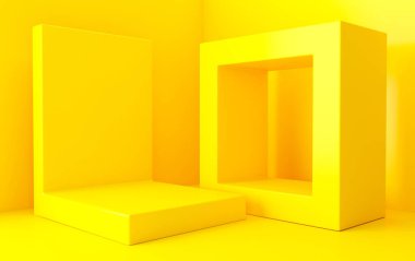 Sarı soyut geometrik şekil kümesi, asgari soyut arkaplan, 3 boyutlu görüntüleme, geometrik biçimlere sahip sahne