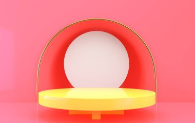 Pembe stüdyo arka plan, yuvarlak sarı platform, 3D görüntüleme, geometrik formlar, minimum soyut arka plan, altın detay içeren minimal portal