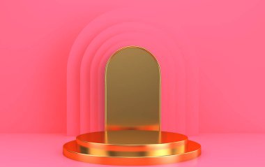 Pembe kürsü, minimalist altın kapı, yuvarlak altın podyum, 3D çizim, geometrik şekilli sahne, soyut arkaplan