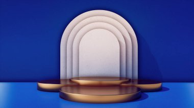 Koyu mavi renklerde bir podyum, minimalist beton kapı, 3D görüntüleme, geometrik formlarla sahne, asgari soyut arka plan, yuvarlak altın podyum, yuvarlak sahne