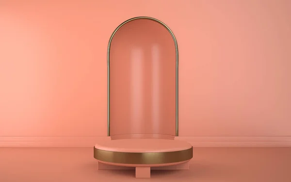 Arco com pódio em cores rosa, plataforma redonda com detalhe dourado, portal mínimo, renderização 3d, cena com formas geométricas, fundo abstrato mínimo — Fotografia de Stock