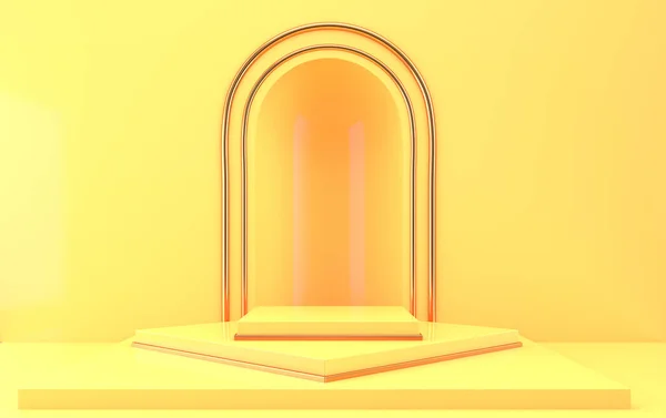 Łuk Podium Żółtych Kolorach Minimalny Portal Renderowanie Scena Formami Geometrycznymi — Zdjęcie stockowe