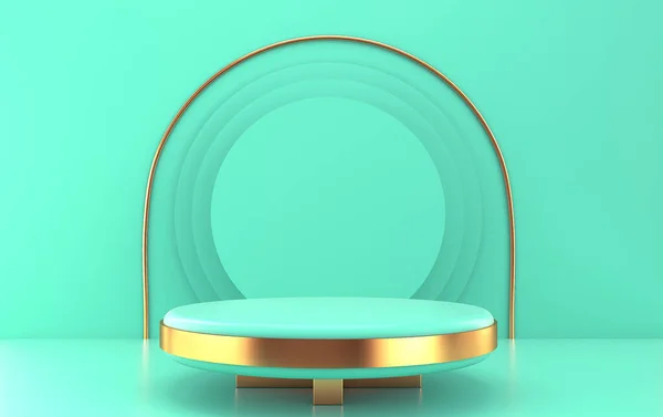 Turquoise Studio Background Turquoise Platform Gold Detail Rendering Scene Geometrical — Stock Photo, Image