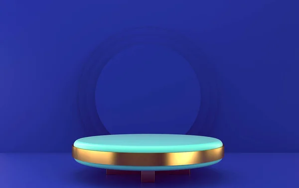 Deep Blue Studio Background Turquoise Platform Gold Detail Rendering Scene — Stock Photo, Image