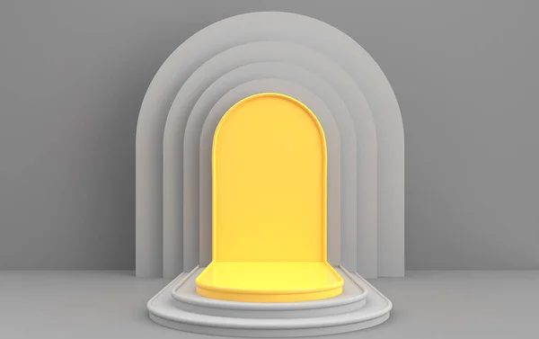 Arco Com Pódio Cores Cinzentas Portal Amarelo Minimalista Renderização Cena — Fotografia de Stock