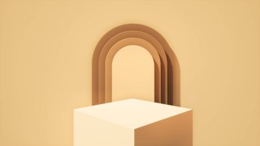 Bej renklerde bir podyum, minimal portal, 3D görüntüleme, geometrik formlu sahne, asgari soyut arkaplan