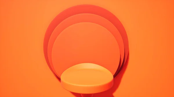 Scena con forme geometriche, piattaforme rotonde, sfondo minimo, sfondo da studio arancione, rendering 3D, podio per le merci pubblicizzate — Foto Stock
