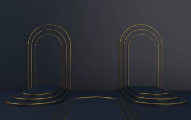 Podyumlu siyah yay, minimal portal, 3D görüntüleme, geometrik şekilli sahne, minimum soyut arkaplan, siyah arkaplan, yuvarlak altın çerçeve