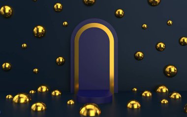 Koyu mavi renklerde bir podyum, altın çerçeveli minimal portal, 3D görüntüleme, geometrik formlarla sahne, altın toplarla soyut arkaplan