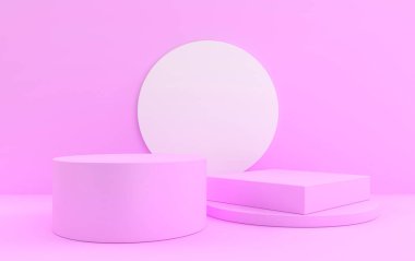 Soyut geometrik şekil seti, pembe stüdyo arka planı, 3D görüntüleme, çeşitli geometrik formlarla sahne