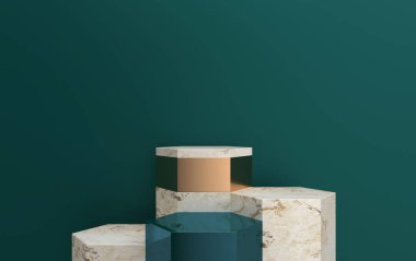 kaidesel, soyut geometrik şekil seti, mermer arkaplan, 3D görüntüleme, geometrik biçimler, altın ayrıntı kaidesi, çokgenler mermer aşama, minimal model