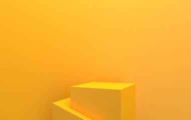 yellow studio background, cubic pedestal, abstract geometric shape group set, 3d rendering, scene with geometrical forms, minimal mockup clipart