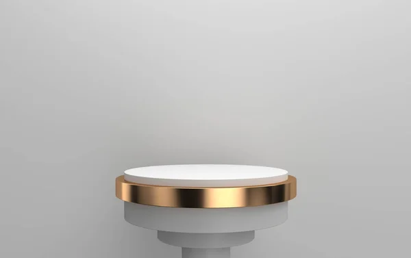 3d rendering of round pedestal located in grey background, cylindrical platform with gold detail, 3d render, scene with geometrical forms, minimal abstract background — Stock Photo, Image