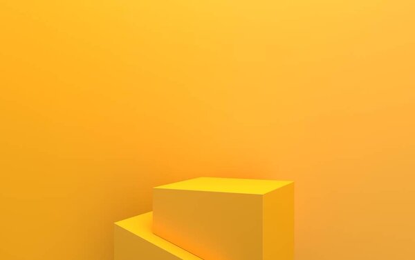 yellow studio background, cubic pedestal, abstract geometric shape group set, 3d rendering, scene with geometrical forms, minimal mockup