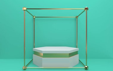 Soyut geometrik şekil seti, yeşil stüdyo arkaplanı, altın rengi kafes, altıgen kaidesi, üç boyutlu çizim, geometrik formlar, moda minimalist sahne, basit temiz tasarım.