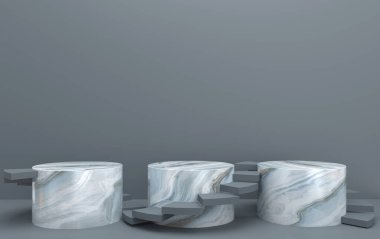 Gri stüdyo arka planı, mermer silindir kaidesi, soyut geometrik şekil grubu seti, 3D görüntüleme, geometrik formlarla sahne, minimal model, spiral merdiven, basit temiz tasarım.