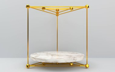 soyut geometrik şekil seti, gri stüdyo arkaplanı, altın kafes, 3D görüntüleme, geometrik formlar, altın üçgen prizmanın içinde yuvarlak kaide, moda minimalist sahne