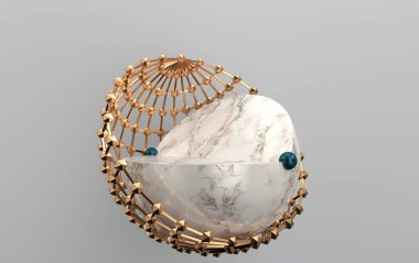 Kafesin içinde mermer top, soyut geometrik şekil grubu seti, gri stüdyo arkaplanı, yuvarlak altın kafes, 3D görüntüleme, geometrik şekilli sahne, moda minimalist sahne, basit temiz tasarım, top çerçevesi