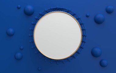 Minimalist soyut arkaplan, ilkel geometrik figürler, pastel renkler, 3D renkler, koyu mavi arkaplan üzerinde beyaz bir çerçeve, minimalist tarzda reklam için boş şablon.