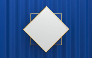 Minimalist soyut arkaplan, 3D resim, koyu mavi arkaplanda beyaz kare, minimalist tarzda reklam için boş şablon, geometrik şekilli arka plan, kesişen kareler, arka planda perde