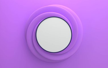 Minimalist soyut arkaplan, ilkel geometrik şekiller, 3 boyutlu şekil, menekşe arkaplan üzerinde beyaz daire, minimalist tarzda reklam için boş şablon, geometrik şekilli arka plan, kıvrımlı çerçeve