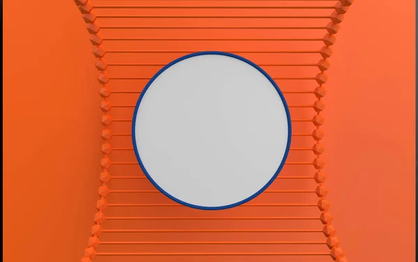 简约抽象背景 原始几何图形 3D渲染 橙色背景上蓝色框架中的白色圆圈 简约风格的空白广告模板 几何形状背景 — 图库照片