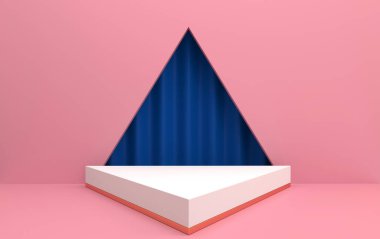 soyut geometrik şekil seti, pembe stüdyo arkaplanı, beyaz traingular podyum, 3D görüntüleme, geometrik formlar, moda minimalist sahne, basit temiz tasarım, perdeler