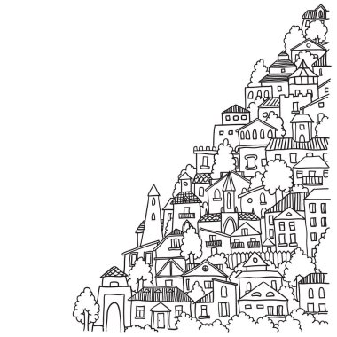 Şehir siyah beyaz eskiz karikatür doodle vektör çizim