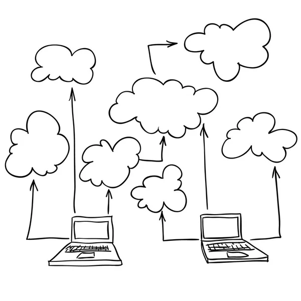 Computer wolk zwart / wit schets cartoon doodle. vectorillustratie — Stockvector