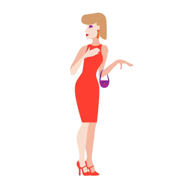 ファッション ポップアートのベクトル図で赤いドレスの女の子 — ストックベクタ