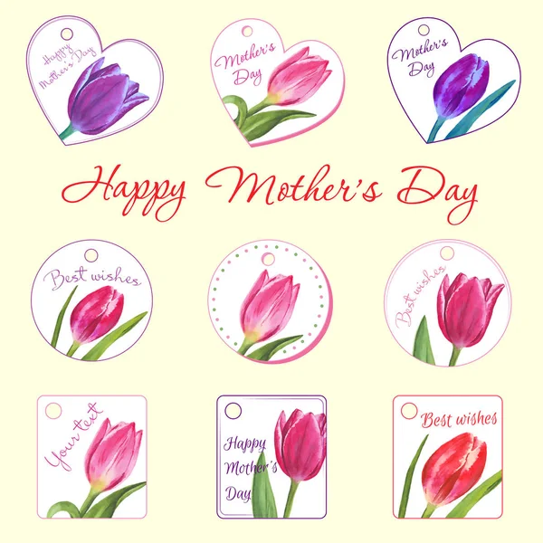 Ensemble de petites cartes postales avec tulipes. Fleurs dessinées à la main . — Image vectorielle