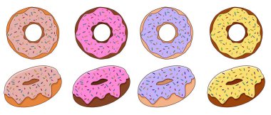 Çizgi film tarzında tatlı kremalı renkli çörekler. Beyaz arkaplanda izole vektör illüstrasyonu.