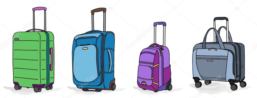 Collection of various baggage, suitcase, backpack and travel bag, simple isolated vector illustration