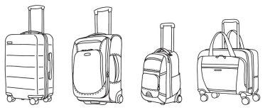 Collection of various baggage, suitcase, backpack and travel bag with wheels on white background, simple isolated vector illustration