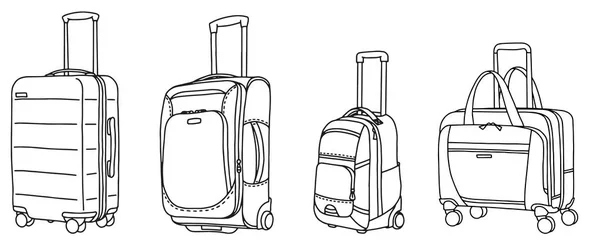 Colección de varios equipajes, maletas, mochilas y bolsas de viaje con ruedas sobre fondo blanco, ilustración vectorial aislada simple — Archivo Imágenes Vectoriales