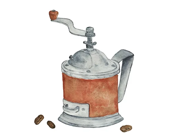 Gammal kaffekvarn med kaffebönor — Stock vektor