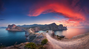 Panoramic landscape with mountains, sea and beautiful sky in sum
