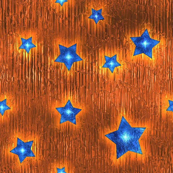 无缝和花木的蓝色恒星橙色箔波光粼粼节日背景. — 图库照片