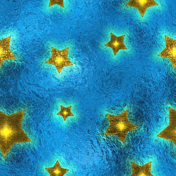 Estrelas de ouro sem costura e inclinável azul folha espumante fundo de férias . — Fotografia de Stock