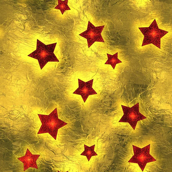 Seamless and Tileable Red Stars Gold Foil Sparkling Holiday Background.