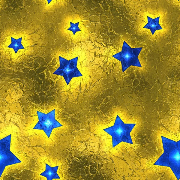 Fondo de vacaciones brillante de la hoja de oro de las estrellas azules inconsútiles y inclinables . —  Fotos de Stock