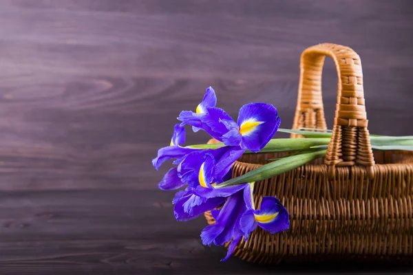 Strauß Schwertlilien im Weidenkorb auf dunklem Holzhintergrund — Stockfoto