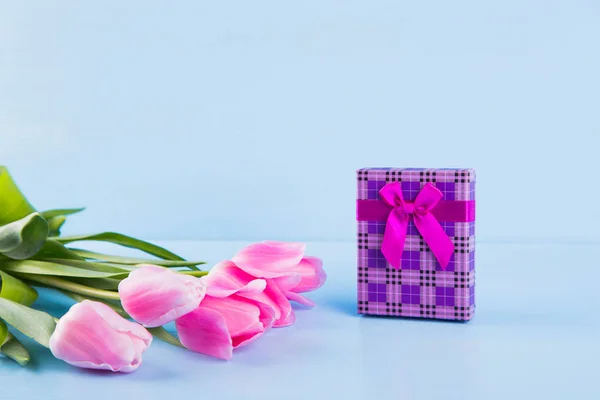 Bouquet of pink tulips with gift box on blue wooden background — Stock Photo, Image