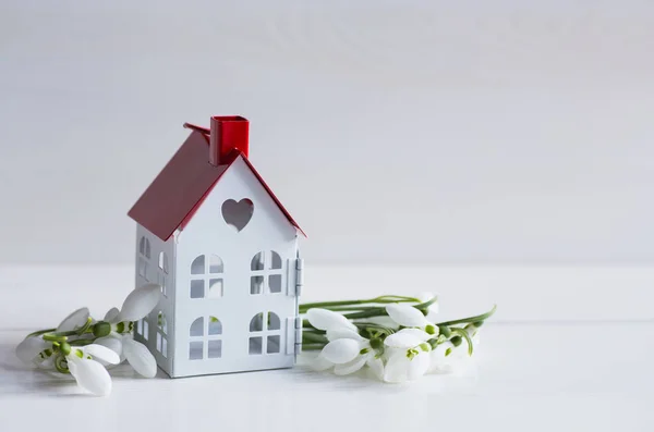 Beyaz ahşap ba şirin oyuncak ev ile güzel beyaz kardelen