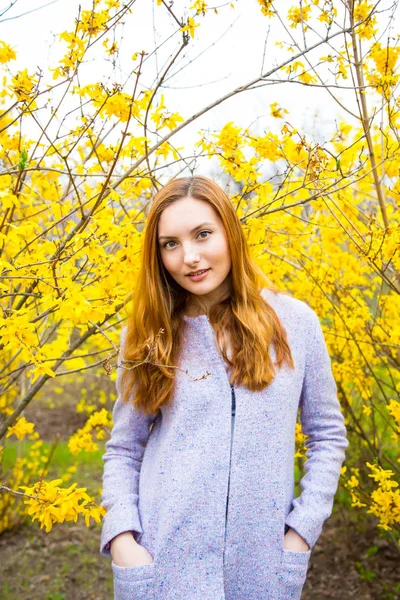 Bela ruiva jovem mulher de pé perto florescendo Forsythi — Fotografia de Stock