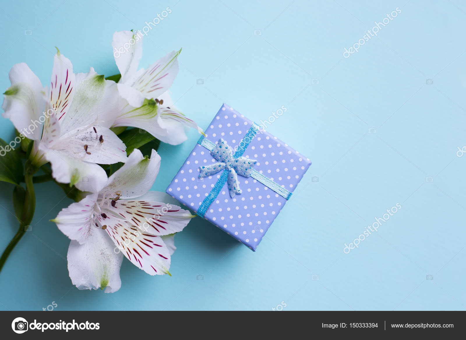 Blue gift box with alstroemeria flowers on light blue background